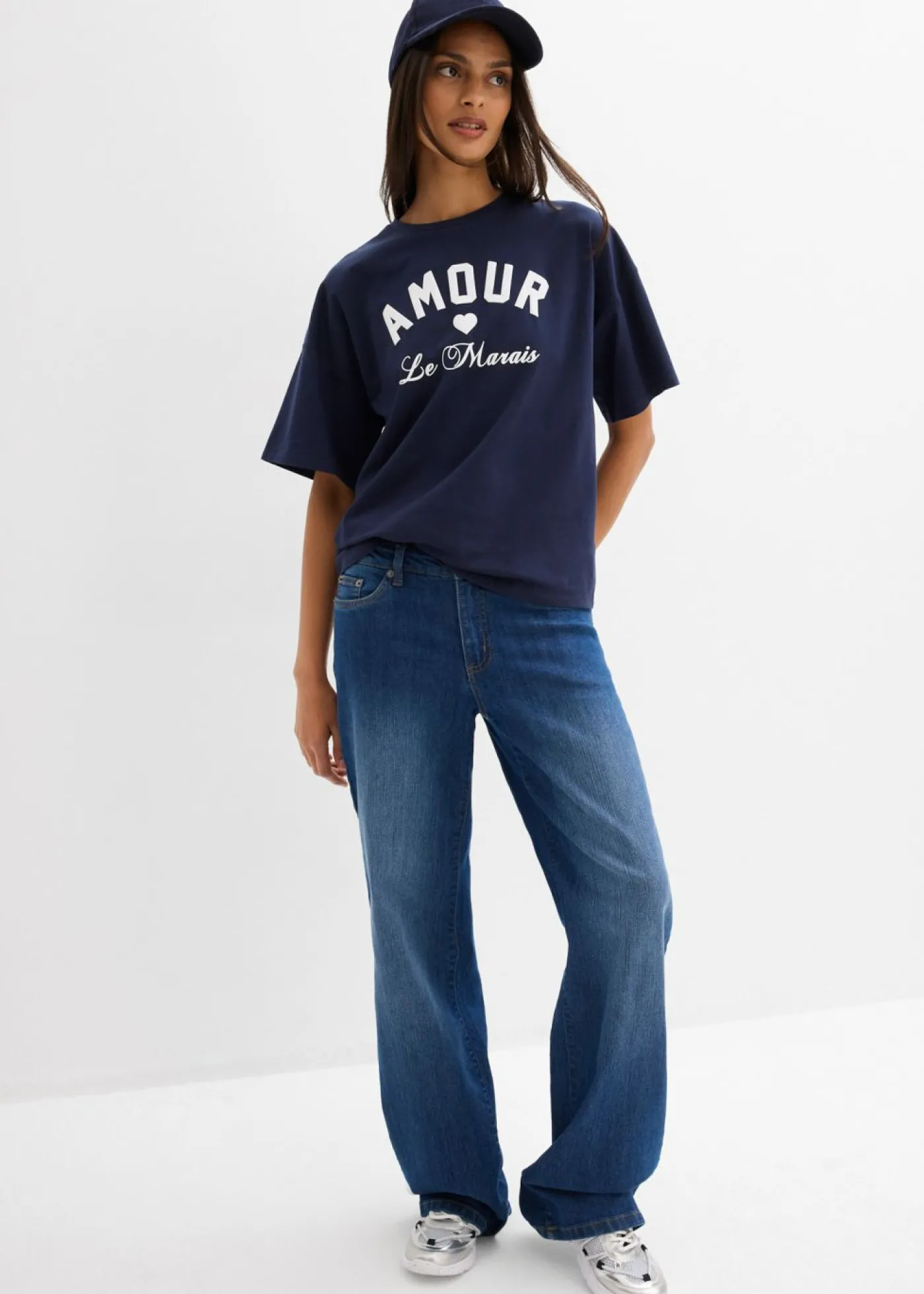 bonprix bonprix Camiseta de mezcla de algodón elástico Azul marino-blanco Online