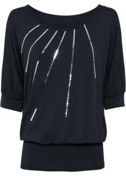 bonprix bonprix Camiseta de mezcla de viscosa fluida Negro metalizado Online