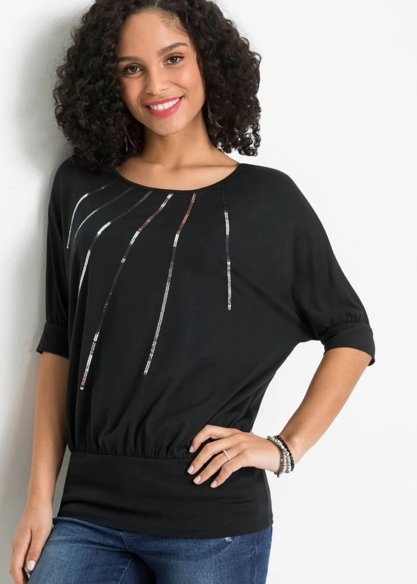 bonprix bonprix Camiseta de mezcla de viscosa fluida Negro metalizado Online
