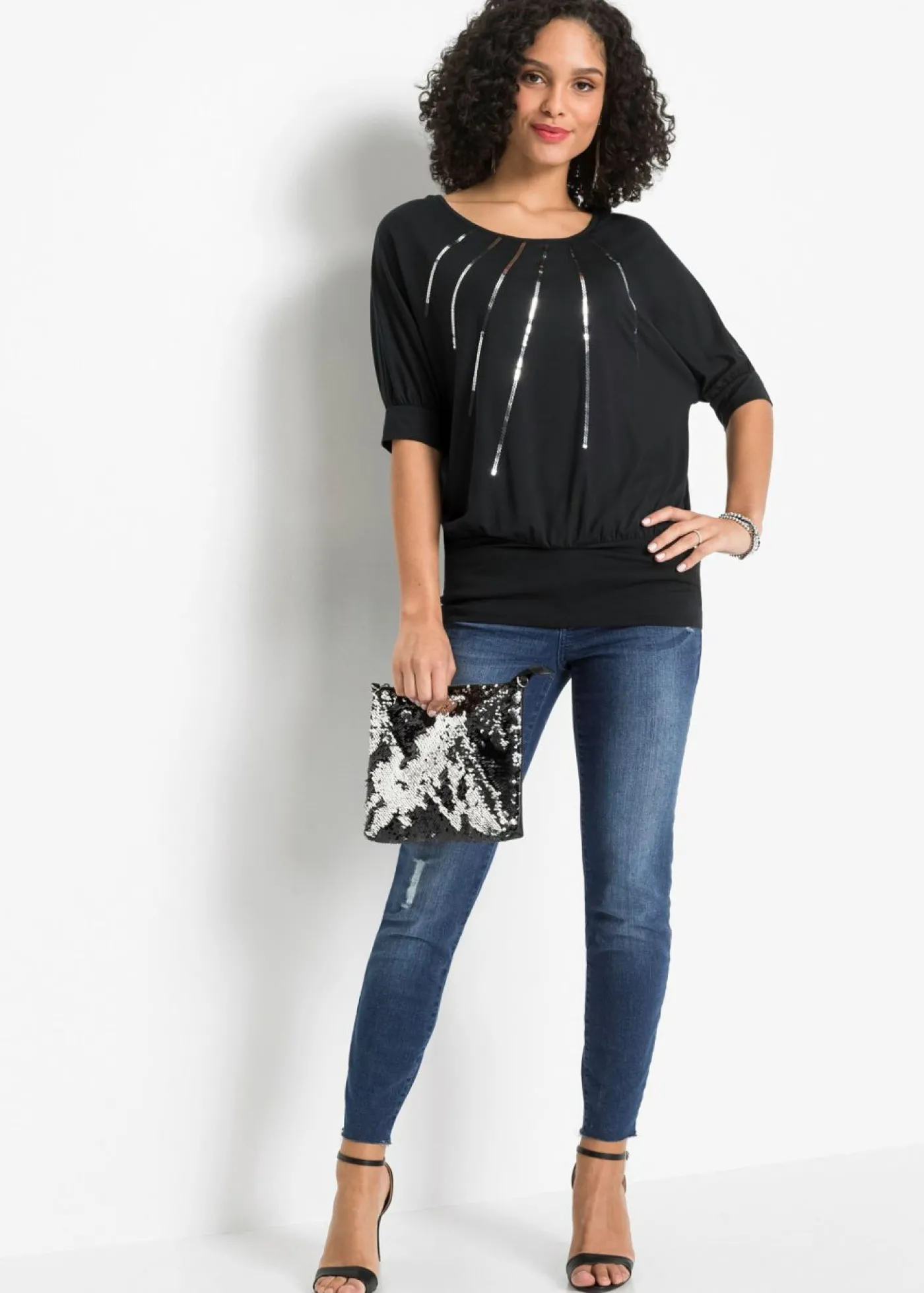 bonprix bonprix Camiseta de mezcla de viscosa fluida Negro metalizado Online