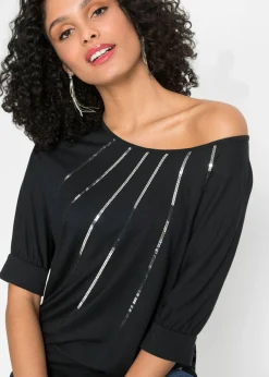 bonprix bonprix Camiseta de mezcla de viscosa fluida Negro metalizado Online