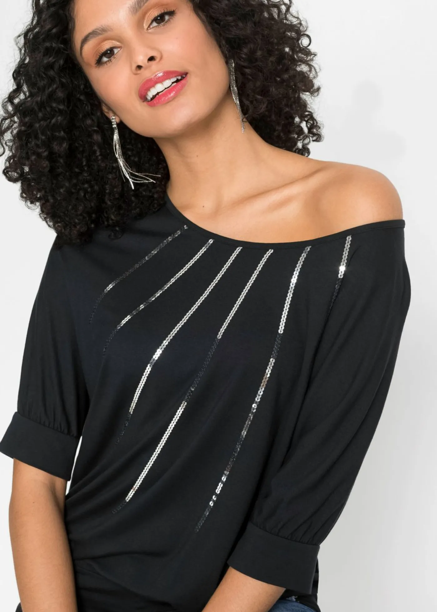 bonprix bonprix Camiseta de mezcla de viscosa fluida Negro metalizado Online