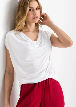 bonprix bonprix Camiseta de mezcla de viscosa con escote en cascada Blanco Hot