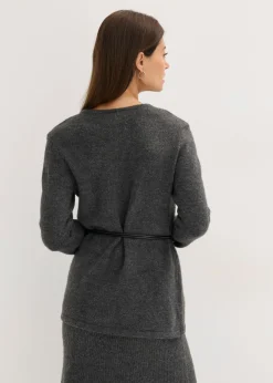 bonprix bonprix Camiseta de punto con contenido de lana y lazo de piel sintética antracita jaspeado moteado New