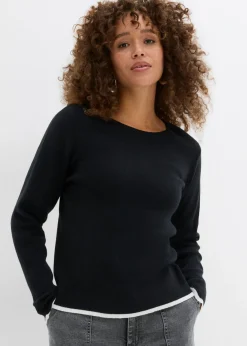 bonprix bonprix Camiseta de punto con dobladillo en contraste Negro-blanco Best