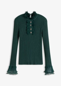bonprix bonprix Camiseta de punto fino con volantes de gasa Verde intenso