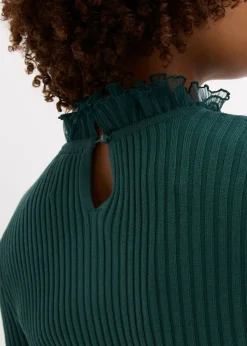 bonprix bonprix Camiseta de punto fino con volantes de gasa Verde intenso