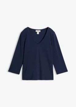 bonprix bonprix Camiseta de punto grueso de algodón orgánico puro con mangas 3/4 Azul marino Clearance