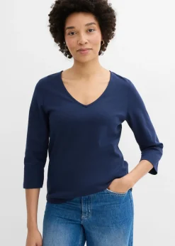 bonprix bonprix Camiseta de punto grueso de algodón orgánico puro con mangas 3/4 Azul marino Clearance