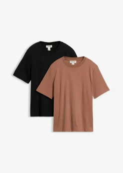 bonprix bonprix Camiseta de punto grueso de algodón orgánico puro (2 unidades) Marrón castaño-negro Discount
