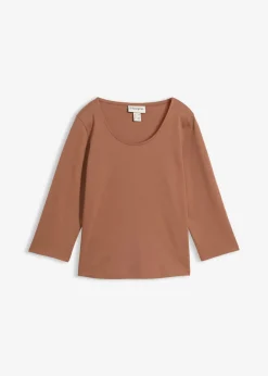 bonprix bonprix Camiseta de punto grueso de algodón orgánico puro con mangas 3/4 Marrón castaño