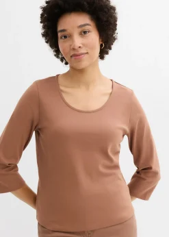 bonprix bonprix Camiseta de punto grueso de algodón orgánico puro con mangas 3/4 Marrón castaño