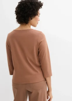 bonprix bonprix Camiseta de punto grueso de algodón orgánico puro con mangas 3/4 Marrón castaño