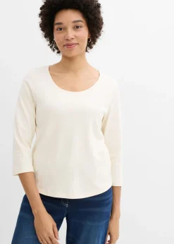 bonprix bonprix Camiseta de punto grueso de algodón orgánico puro con mangas 3/4 blanco perla Online