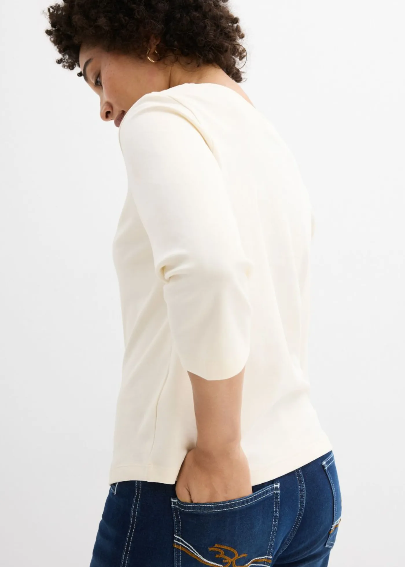 bonprix bonprix Camiseta de punto grueso de algodón orgánico puro con mangas 3/4 blanco perla Online