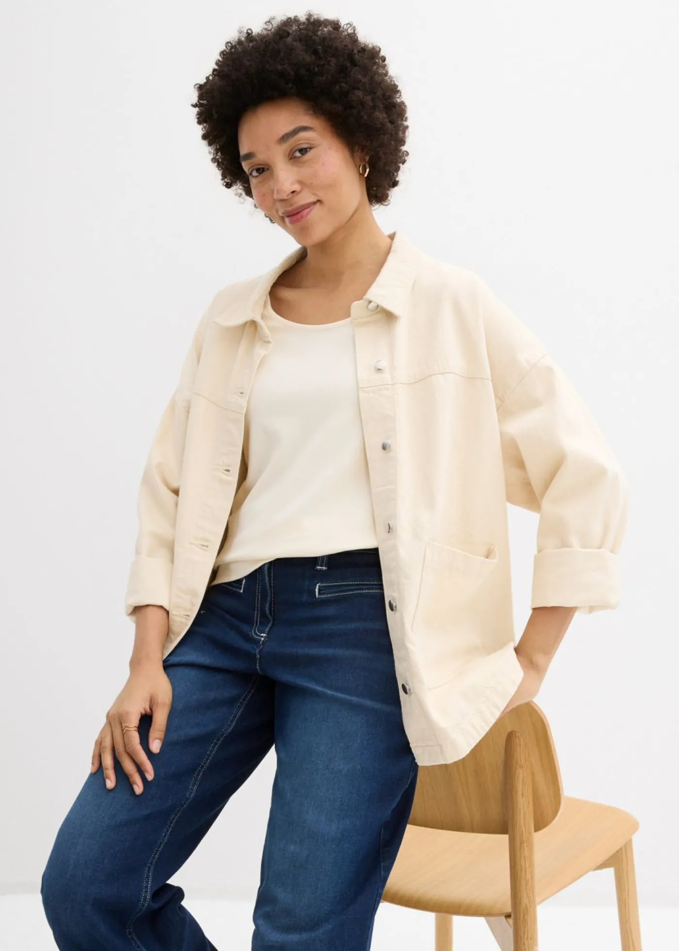 bonprix bonprix Camiseta de punto grueso de algodón orgánico puro con mangas 3/4 blanco perla Online