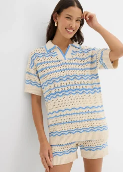 bonprix bonprix Camiseta de punto oversize en mezcla vaporosa de algodón y lino marfil/azul provenzal rayas horizontales Online