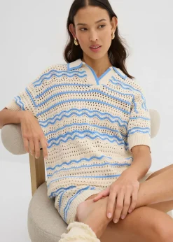 bonprix bonprix Camiseta de punto oversize en mezcla vaporosa de algodón y lino marfil/azul provenzal rayas horizontales Online