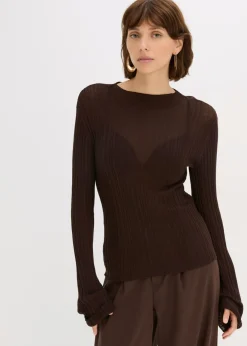 bonprix bonprix Camiseta de punto semitransparente Marrón oscuro Discount