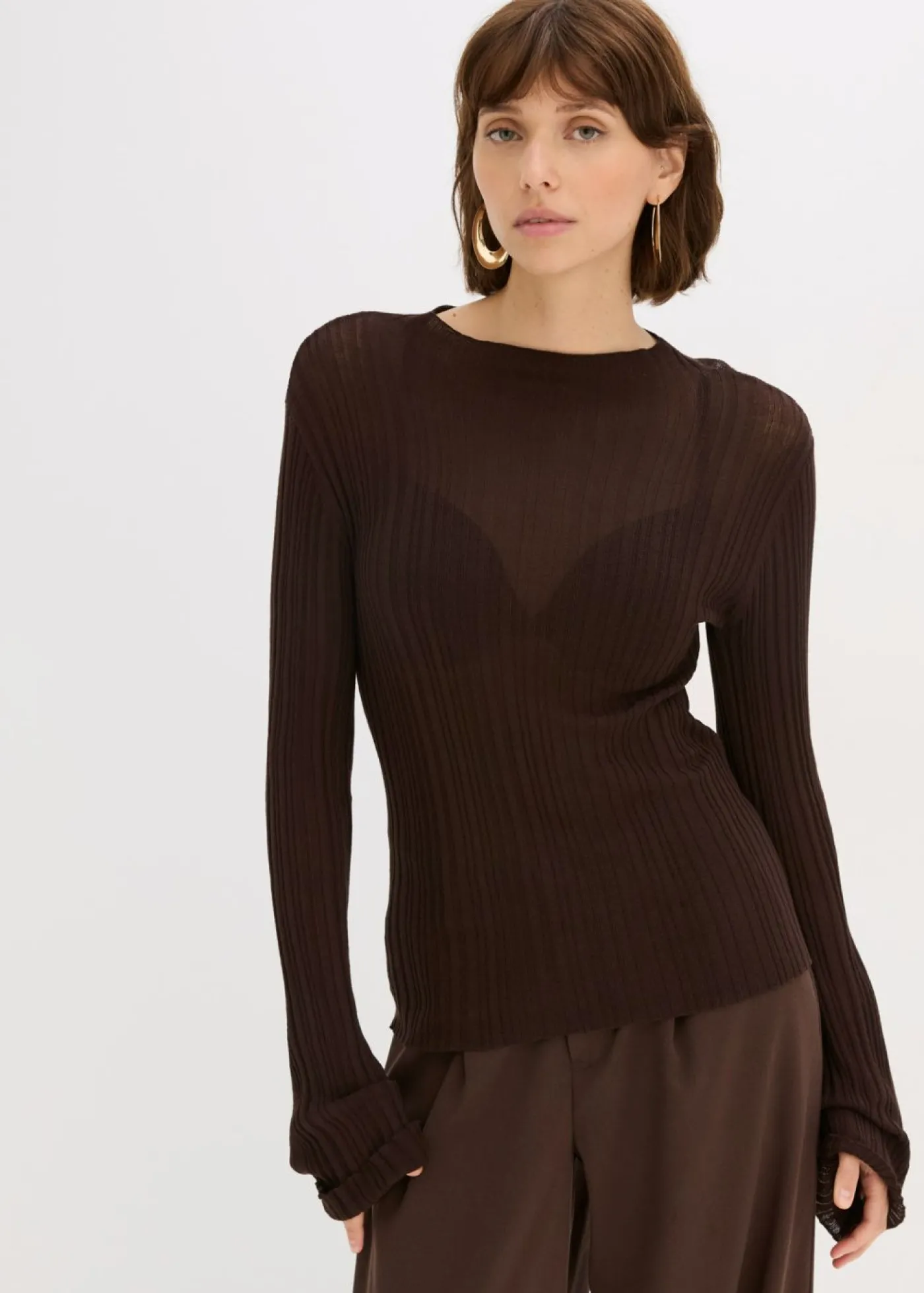bonprix bonprix Camiseta de punto semitransparente Marrón oscuro Discount