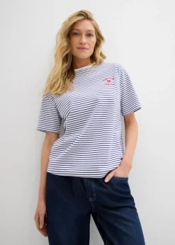 bonprix bonprix Camiseta de rayas con bordado azul marino-blanco con rayas New