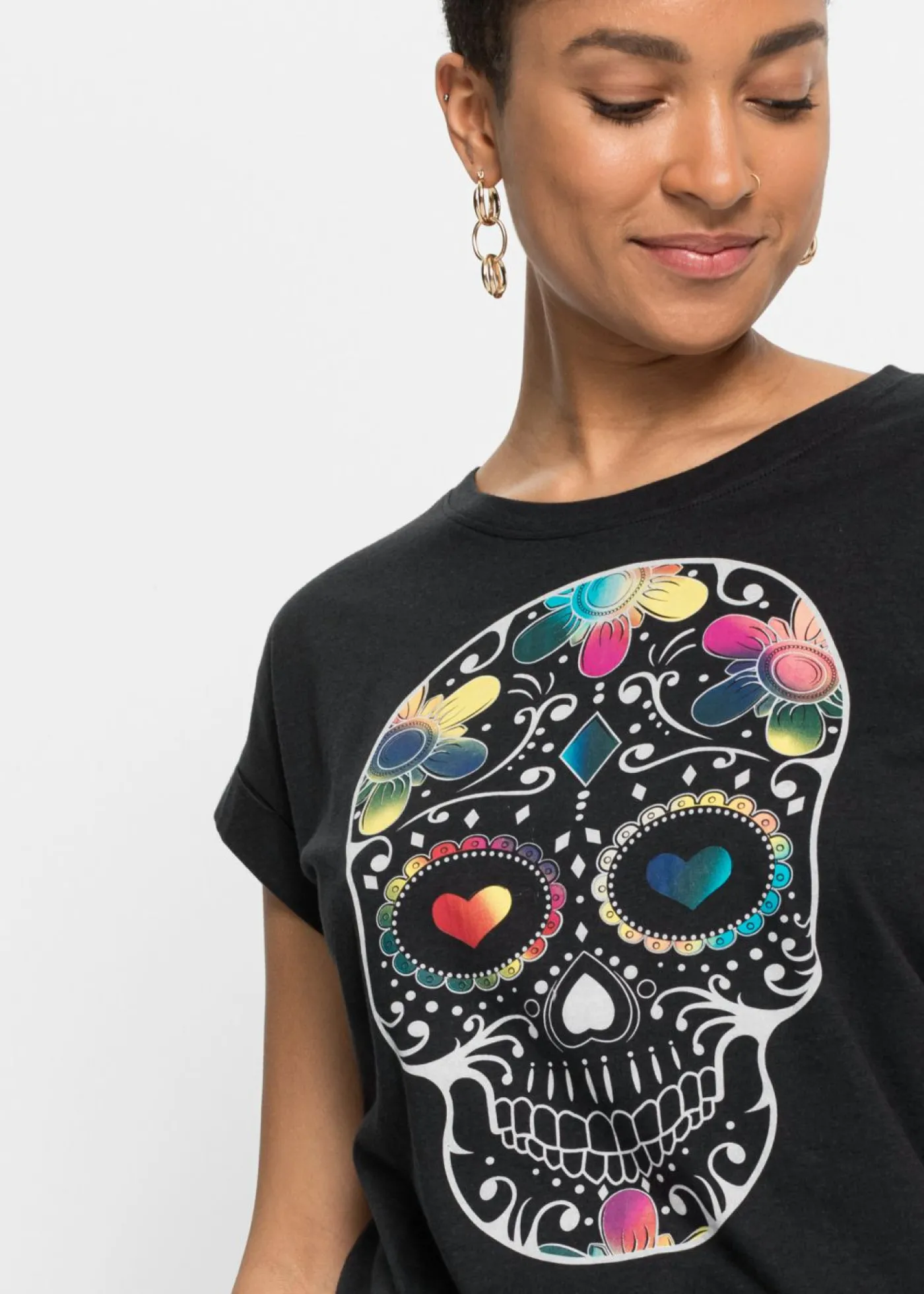 bonprix bonprix Camiseta de suave mezcla de viscosa Negro estampado New