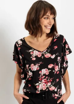 bonprix bonprix Camiseta de viscosa negro/rosa pálido con flores Online