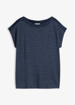 bonprix bonprix Camiseta de viscosa fluida con ribete de satén azul marino-blanco con rayas Outlet