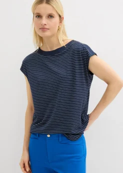 bonprix bonprix Camiseta de viscosa fluida con ribete de satén azul marino-blanco con rayas Outlet