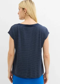bonprix bonprix Camiseta de viscosa fluida con ribete de satén azul marino-blanco con rayas Outlet