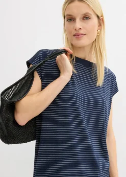 bonprix bonprix Camiseta de viscosa fluida con ribete de satén azul marino-blanco con rayas Outlet