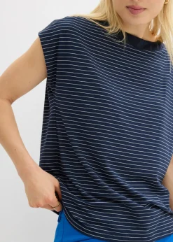 bonprix bonprix Camiseta de viscosa fluida con ribete de satén azul marino-blanco con rayas Outlet