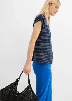 bonprix bonprix Camiseta de viscosa fluida con ribete de satén azul marino-blanco con rayas Outlet