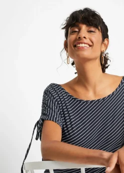 bonprix bonprix Camiseta de viscosa suave azul marino-blanco con rayas Discount