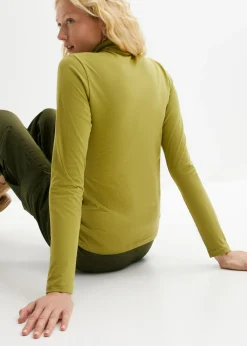 bonprix bonprix Camiseta elástica de cuello vuelto y manga larga Verde oliva-dorado Clearance