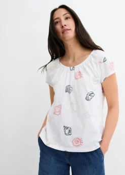 bonprix bonprix Camiseta estampada de algodón orgánico con cuello redondo Blanco Sale