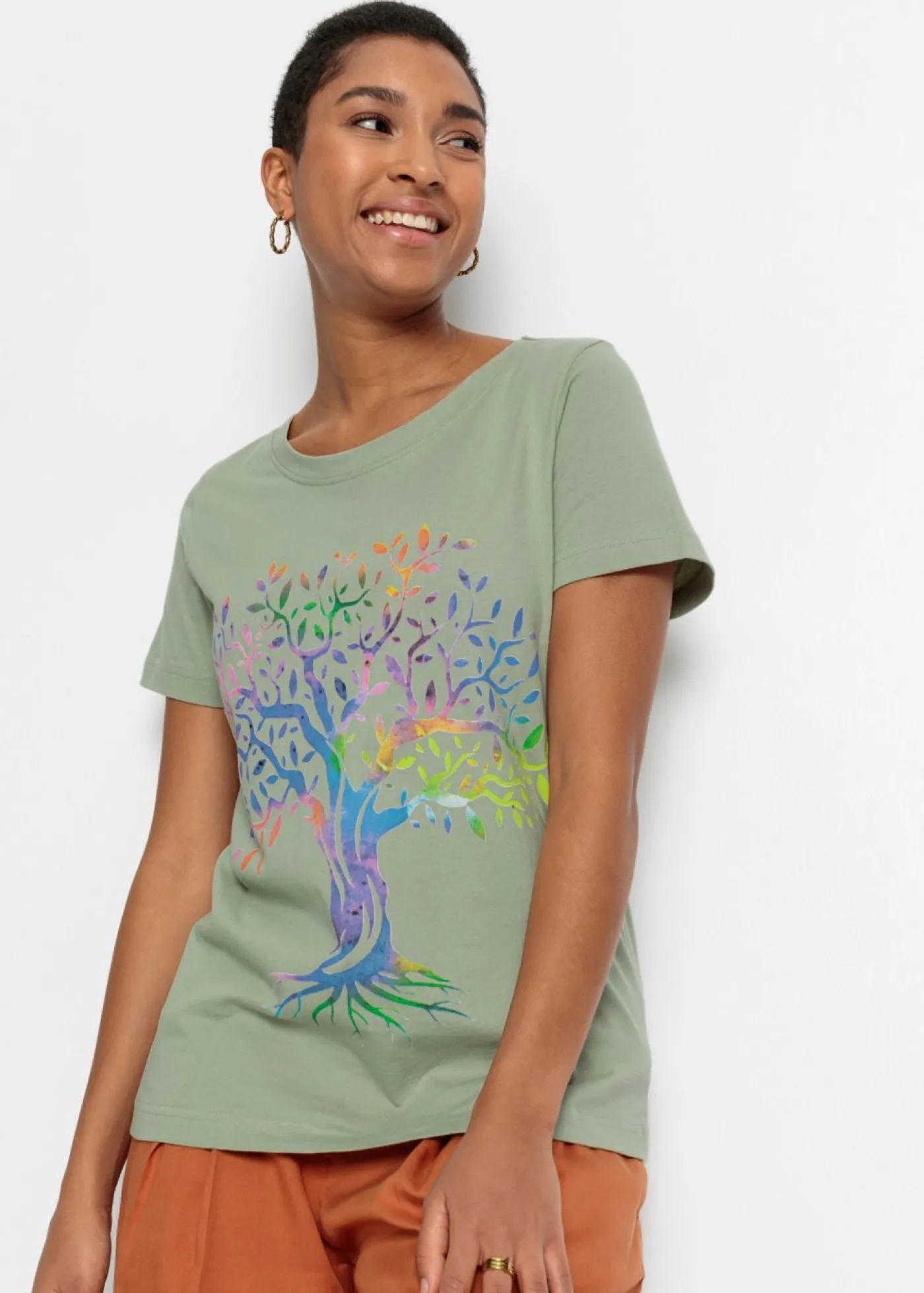 bonprix bonprix Camiseta estampada de algodón orgánico Verde alga Discount