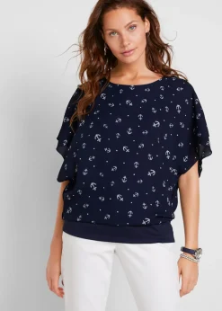 bonprix bonprix Camiseta georgette, de manda corta Azul marino-blanco estampado Sale
