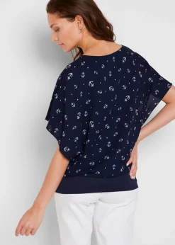 bonprix bonprix Camiseta georgette, de manda corta Azul marino-blanco estampado Sale