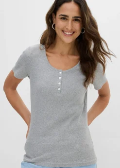 bonprix bonprix Camiseta henley con algodón orgánico puro Gris claro jaspeado Discount