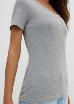 bonprix bonprix Camiseta henley con algodón orgánico puro Gris claro jaspeado Discount