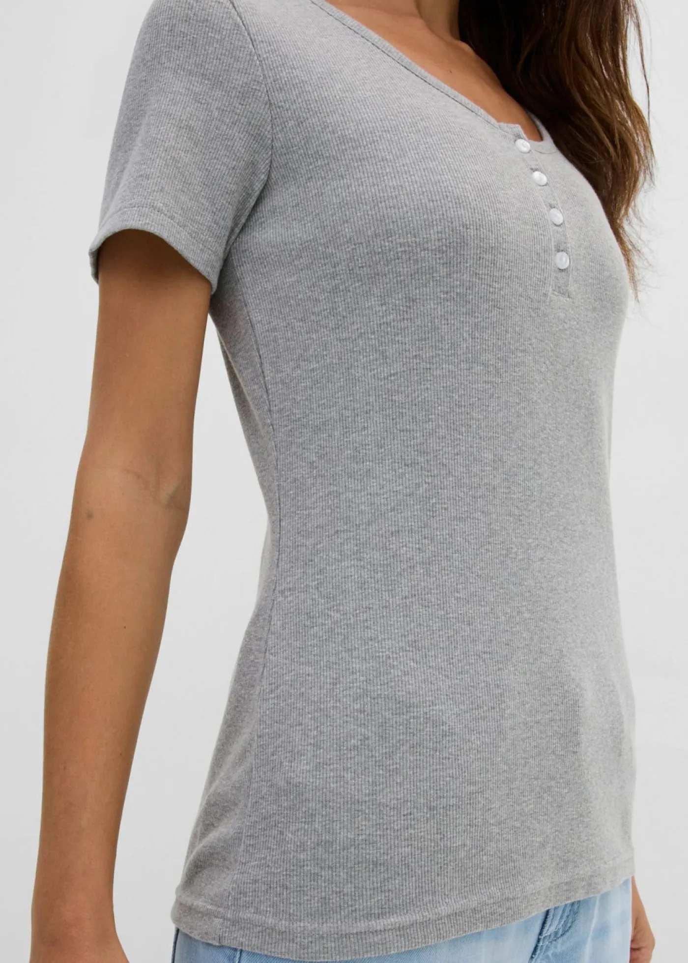 bonprix bonprix Camiseta henley con algodón orgánico puro Gris claro jaspeado Discount