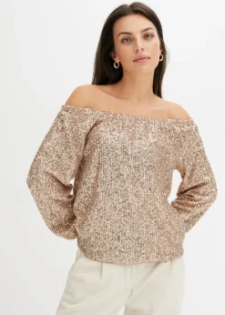bonprix bonprix Camiseta holgada con escote bañera y lentejuelas Piedra/plata New