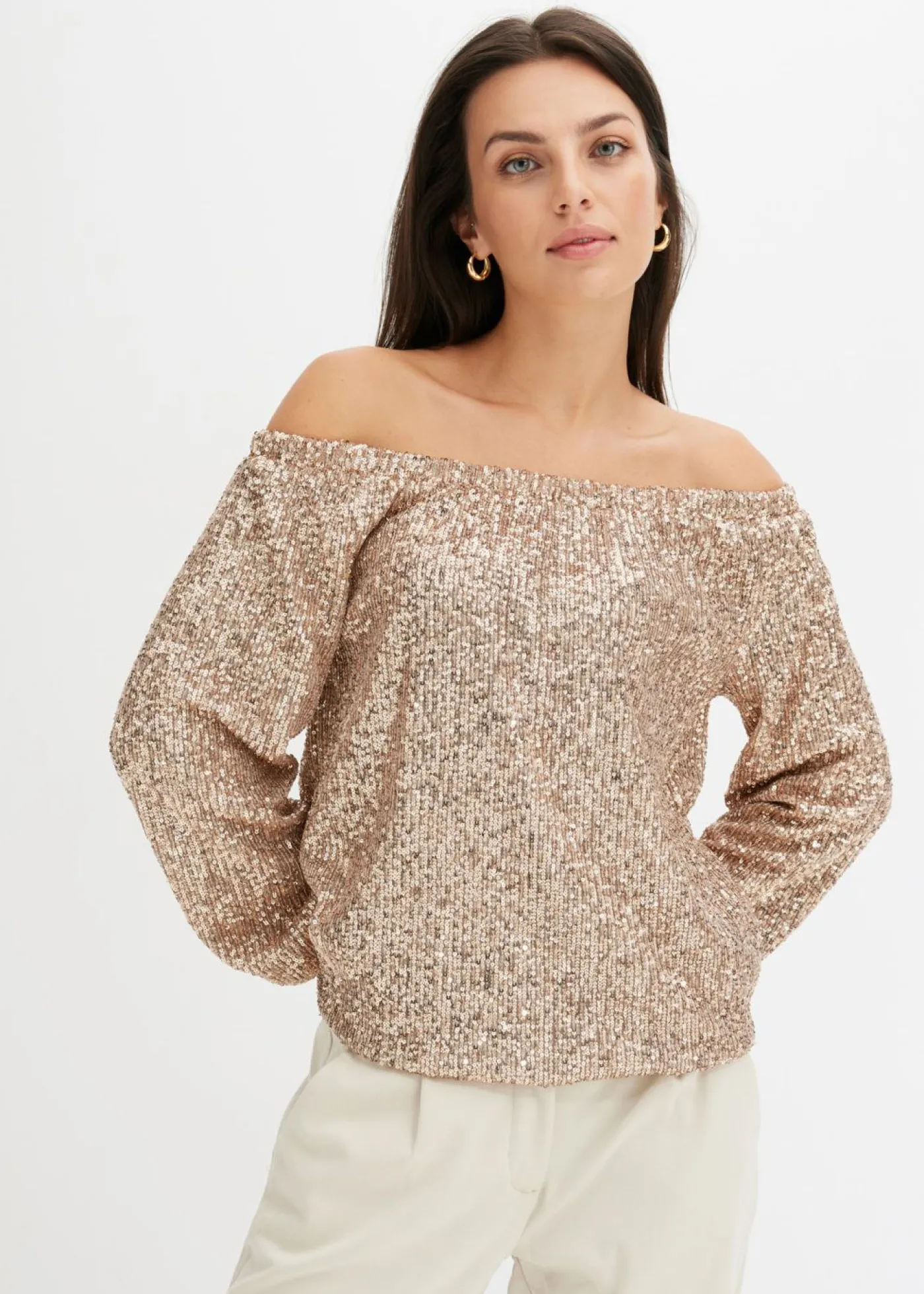 bonprix bonprix Camiseta holgada con escote bañera y lentejuelas Piedra/plata New