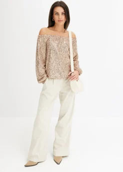 bonprix bonprix Camiseta holgada con escote bañera y lentejuelas Piedra/plata New