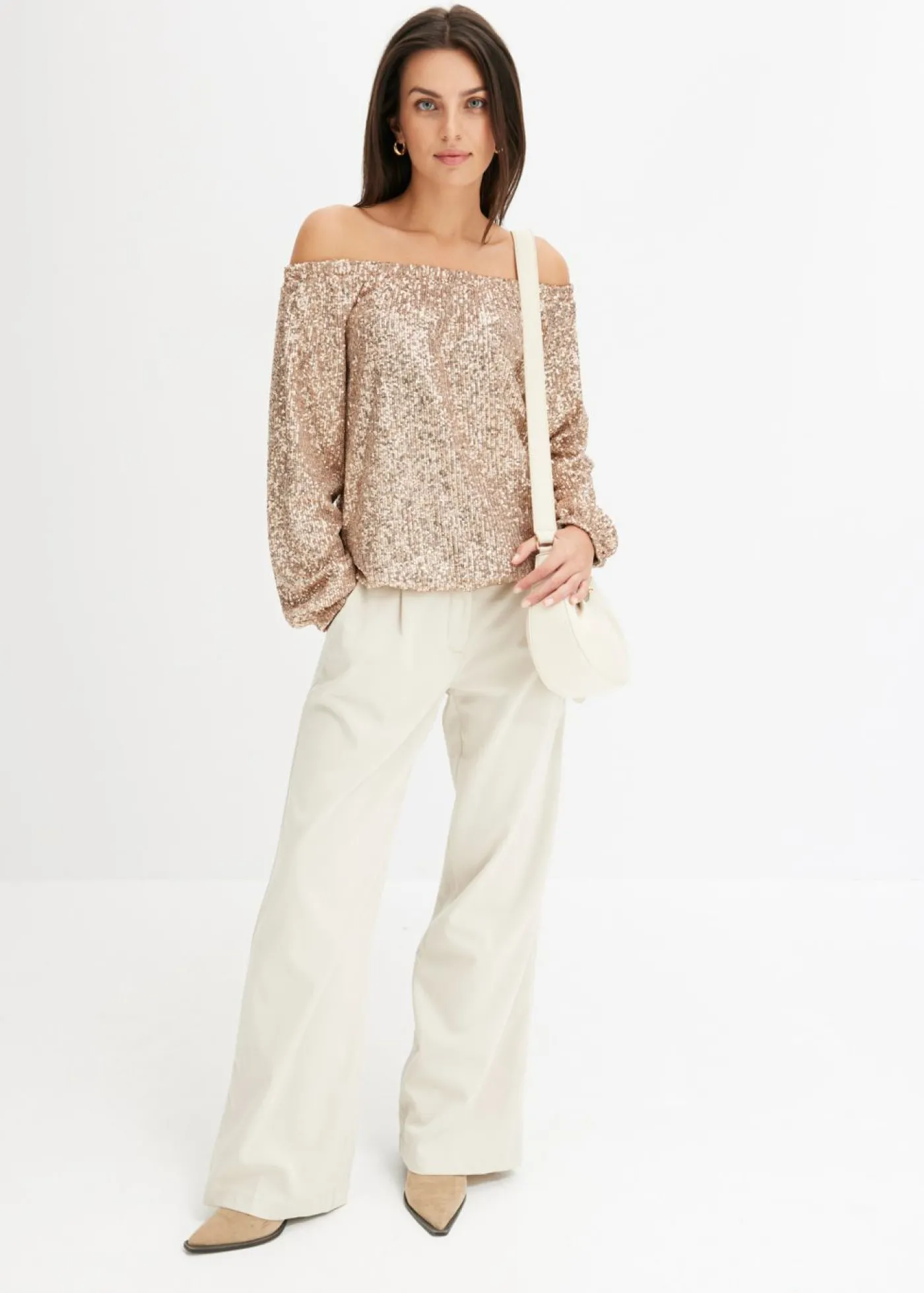 bonprix bonprix Camiseta holgada con escote bañera y lentejuelas Piedra/plata New
