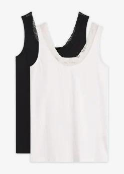 bonprix bonprix Camiseta interior de algodón orgánico y encaje (2 unidades) Negro-blanco