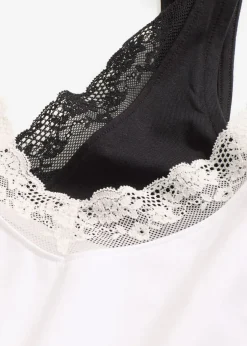 bonprix bonprix Camiseta interior de algodón orgánico y encaje (2 unidades) Negro-blanco