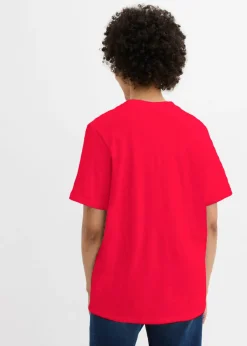 bonprix bonprix Camiseta larga ancha con cuello en V, manga corta (5 unidades) Blanco/azul marino de rayas + rojo lava + azul claro Outlet