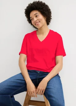 bonprix bonprix Camiseta larga ancha con cuello en V, manga corta (5 unidades) Blanco/azul marino de rayas + rojo lava + azul claro Outlet